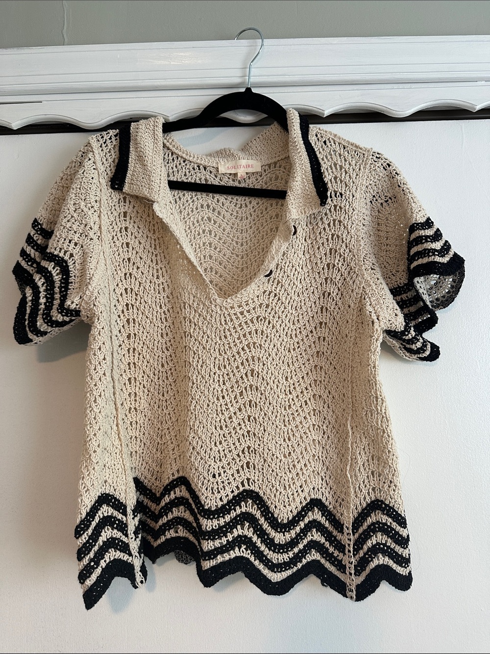 Solitaire Cream Crochet Short Sleeve Polo Top with Black Trim